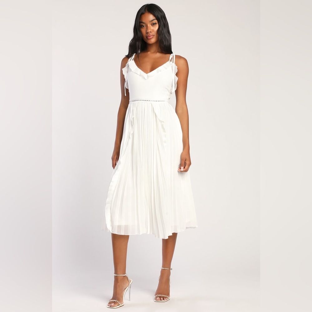 Never a Dull Moment White Tie-Strap Pleated Midi Dress